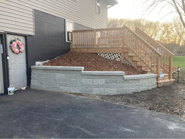 Retaining Wall & Deck Staircase with Mulch Bed