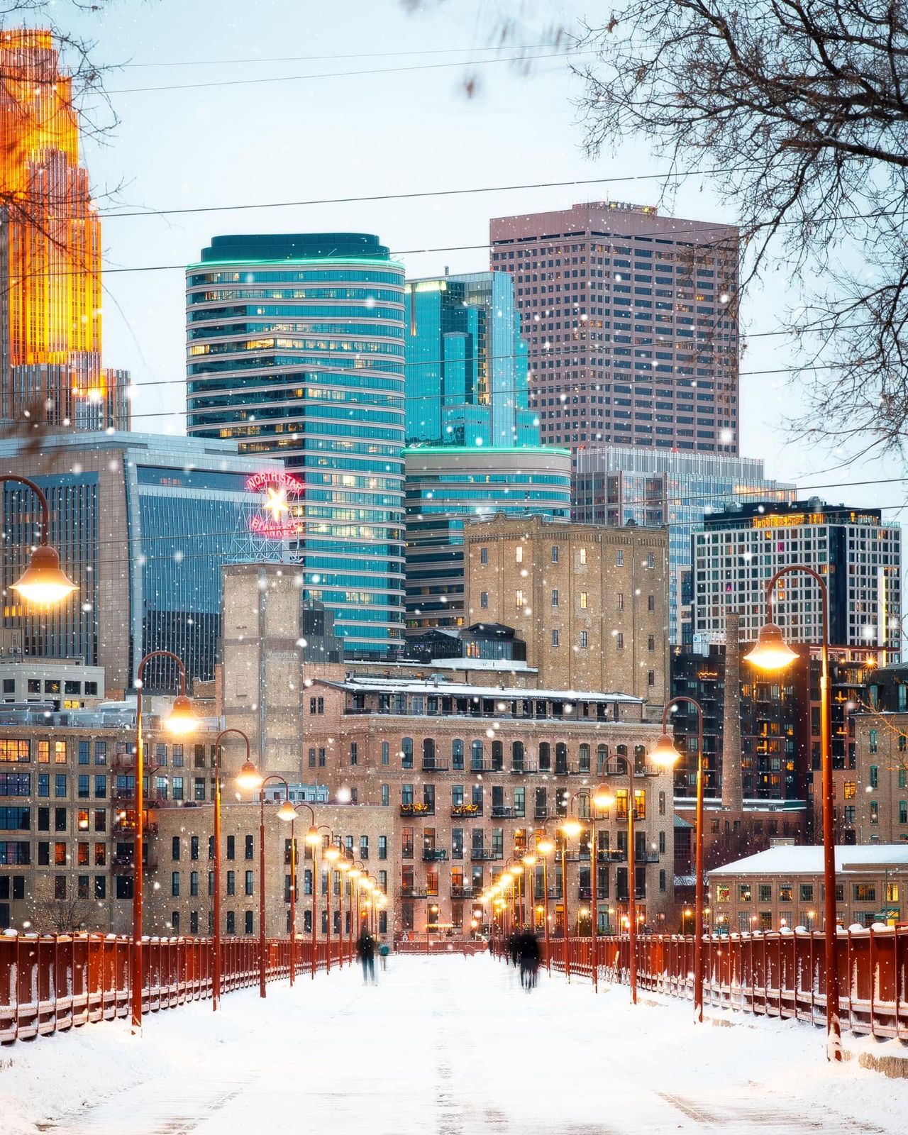 Minneapolis skyline in winter from Stone Arch Bridge