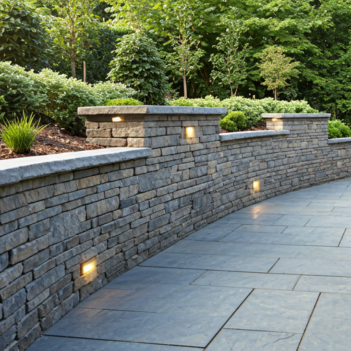 Stone retaining wall with lighting